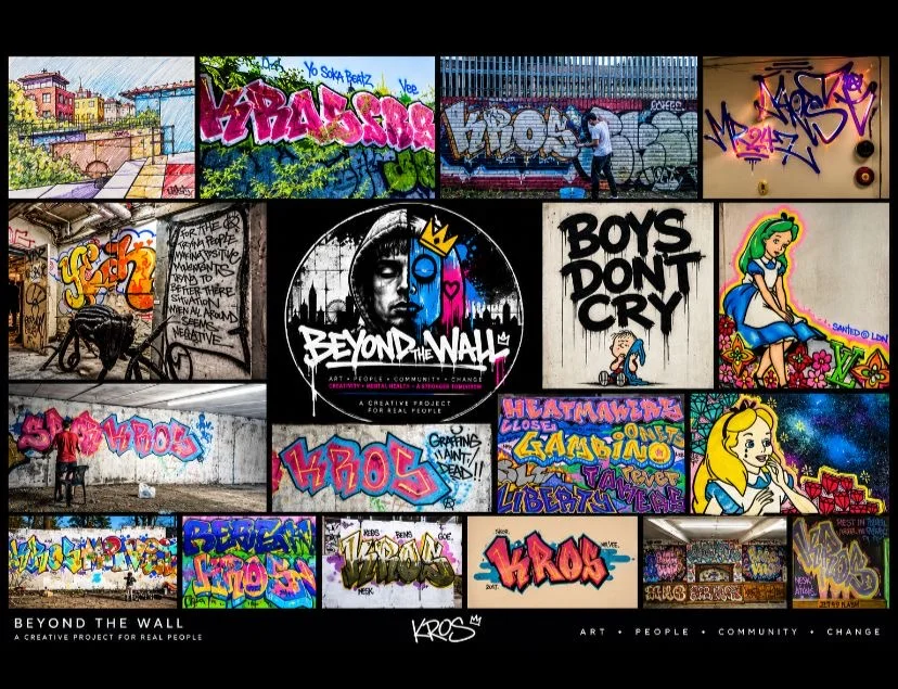 Collage of murals, graffiti lettering, character paintings and Boys Don’t Cry artwork