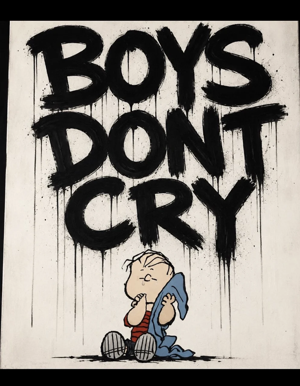 Boys Don’t Cry painted in bold black brush lettering above a seated illustrated character