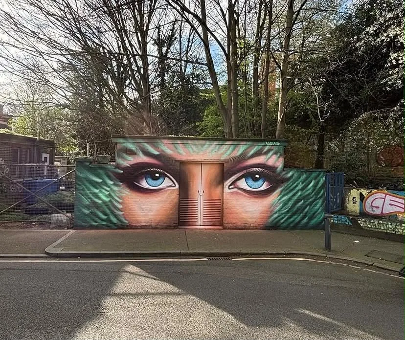 Two blue eyes and green foliage painted across the facade of a small streetside building