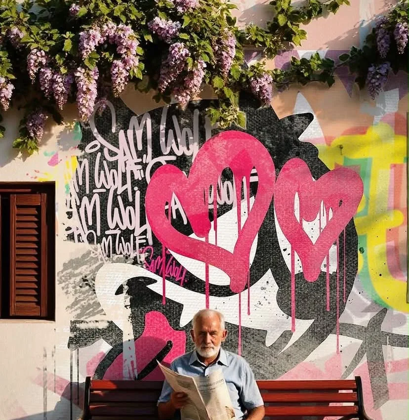 Person reading on a bench in front of a colourful heart mural beneath flowering vines