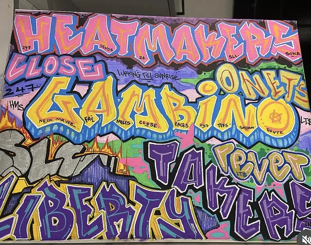 Colourful layered graffiti lettering on canvas